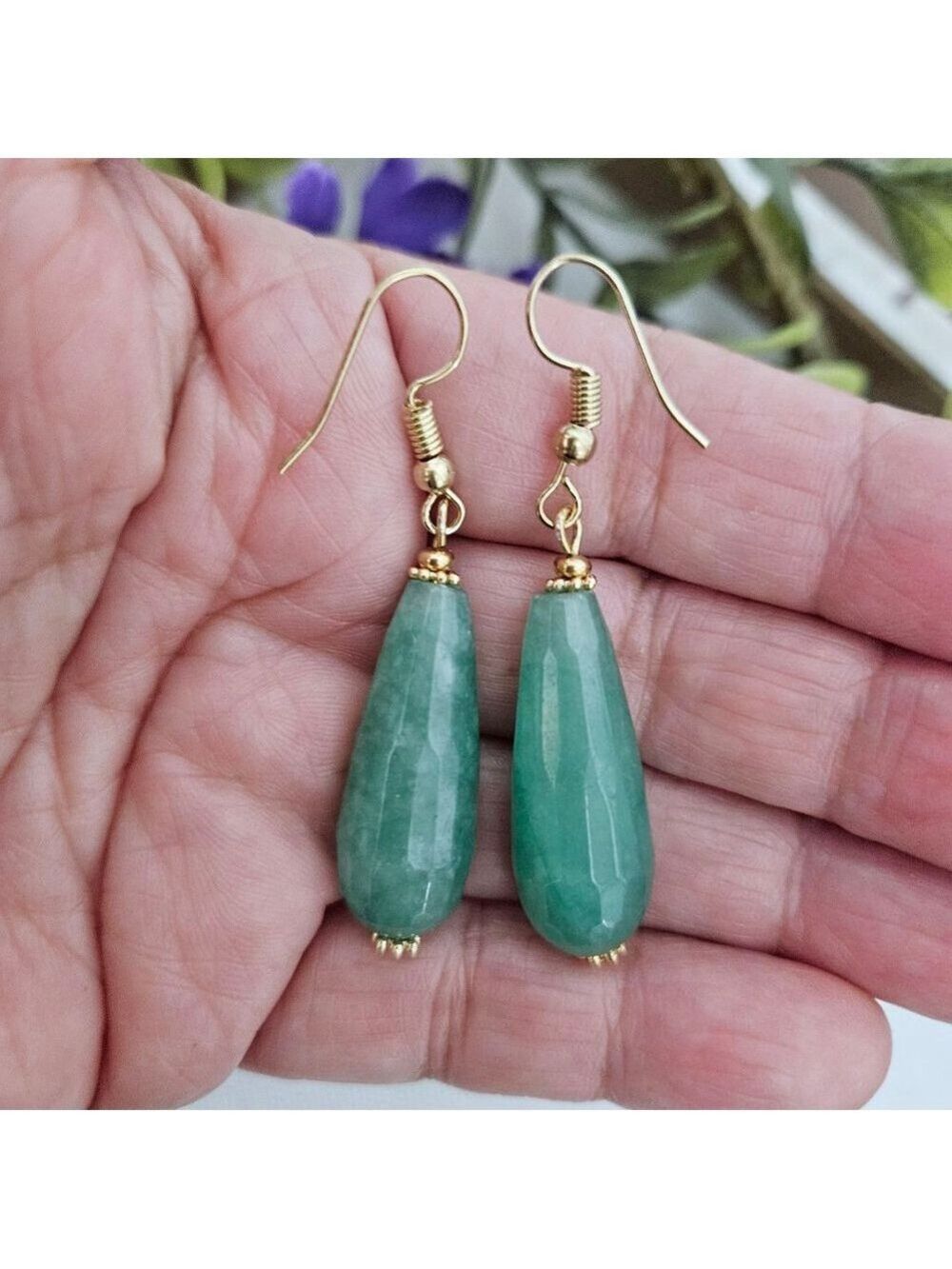 Green Aventurine Teardrop Dangle Earrings - Picture 3 of 3